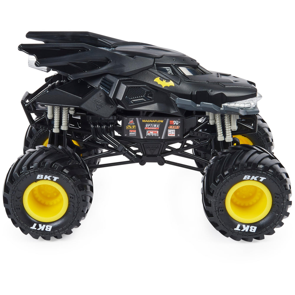 Monster Jam Batman 1:24 truck rear view highlighting durable build for stunts.