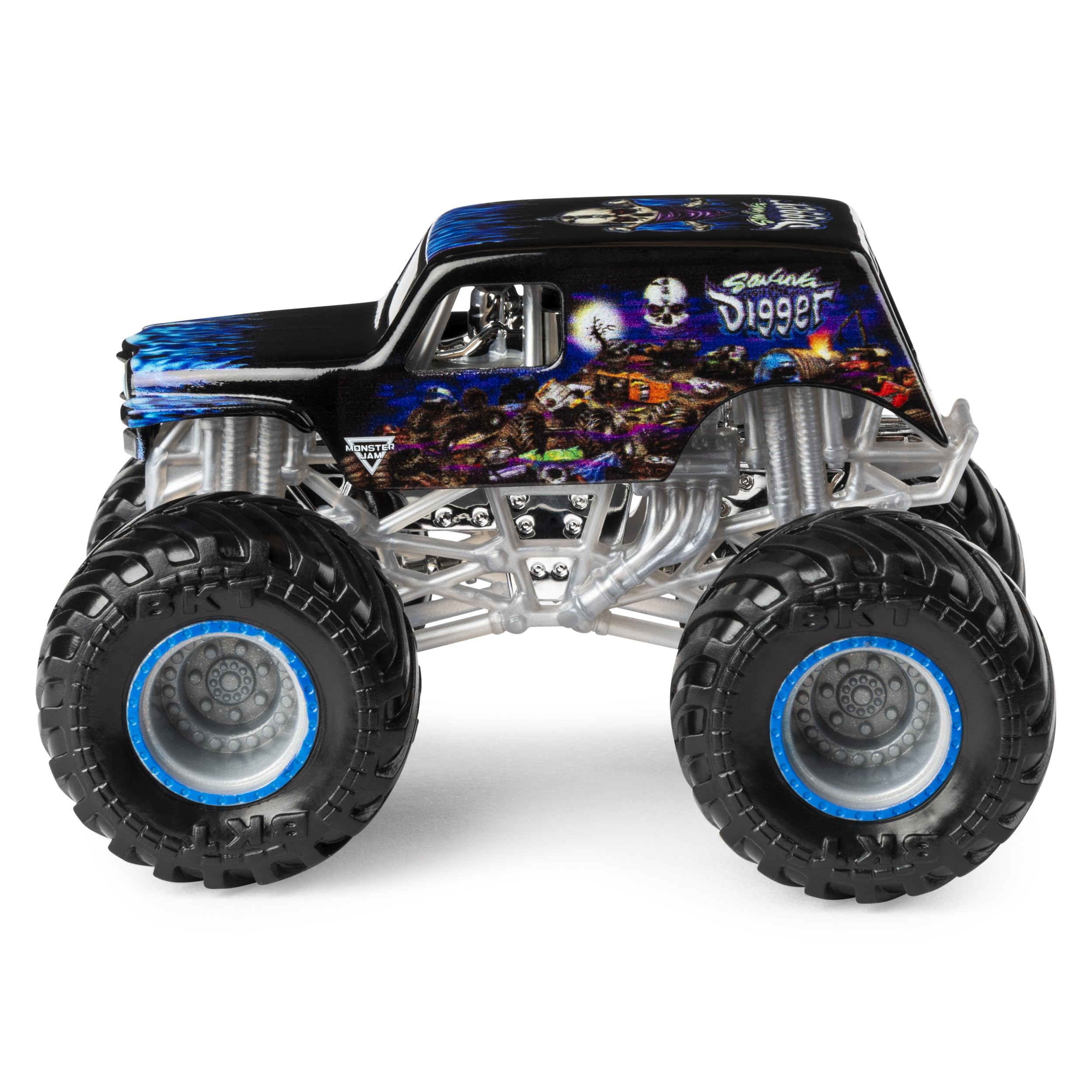 Monster Jam official bkt tires and chrome chassis enhance visual authenticity.
