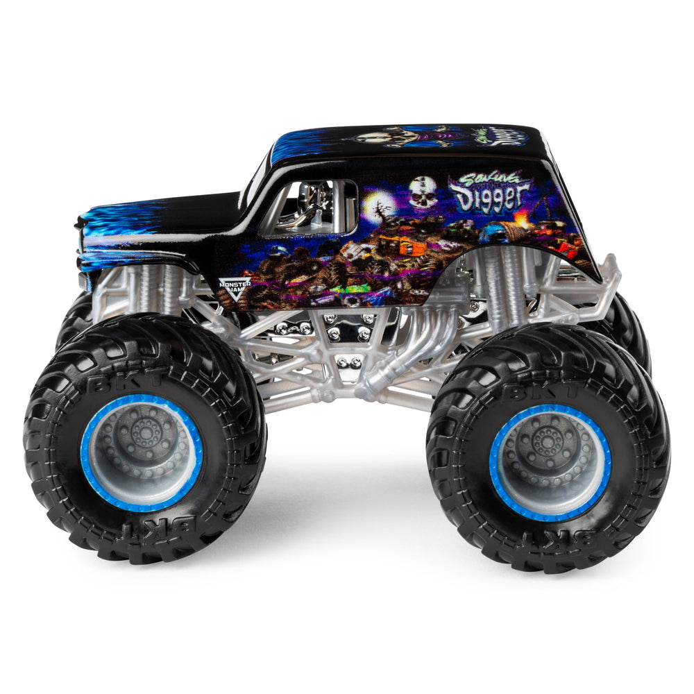Monster Jam official bkt tires and chrome chassis enhance visual authenticity.