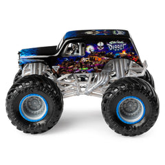 Monster Jam official bkt tires and chrome chassis enhance visual authenticity.