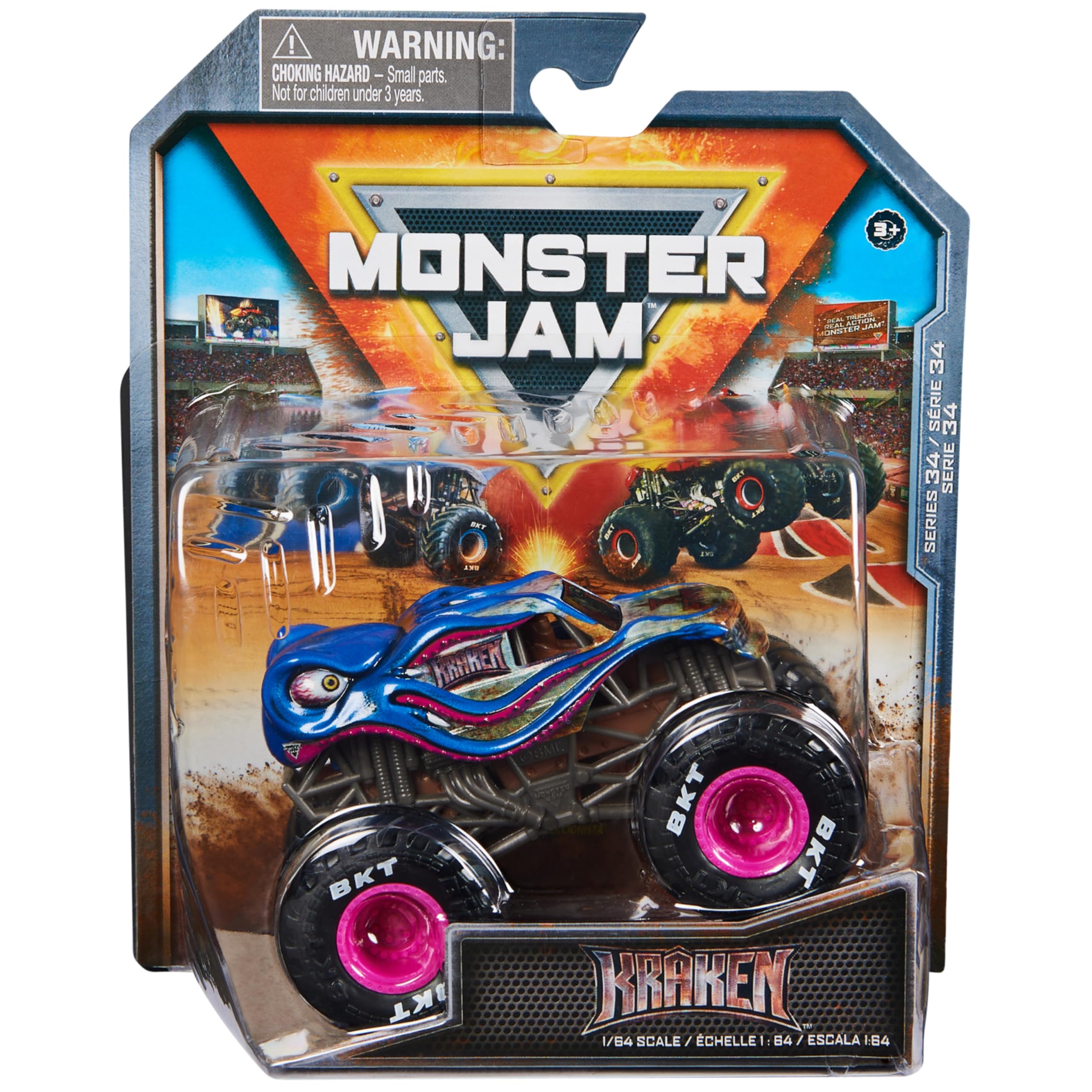 Monster Jam Kraken 1:64 die-cast truck, front view, action-ready play