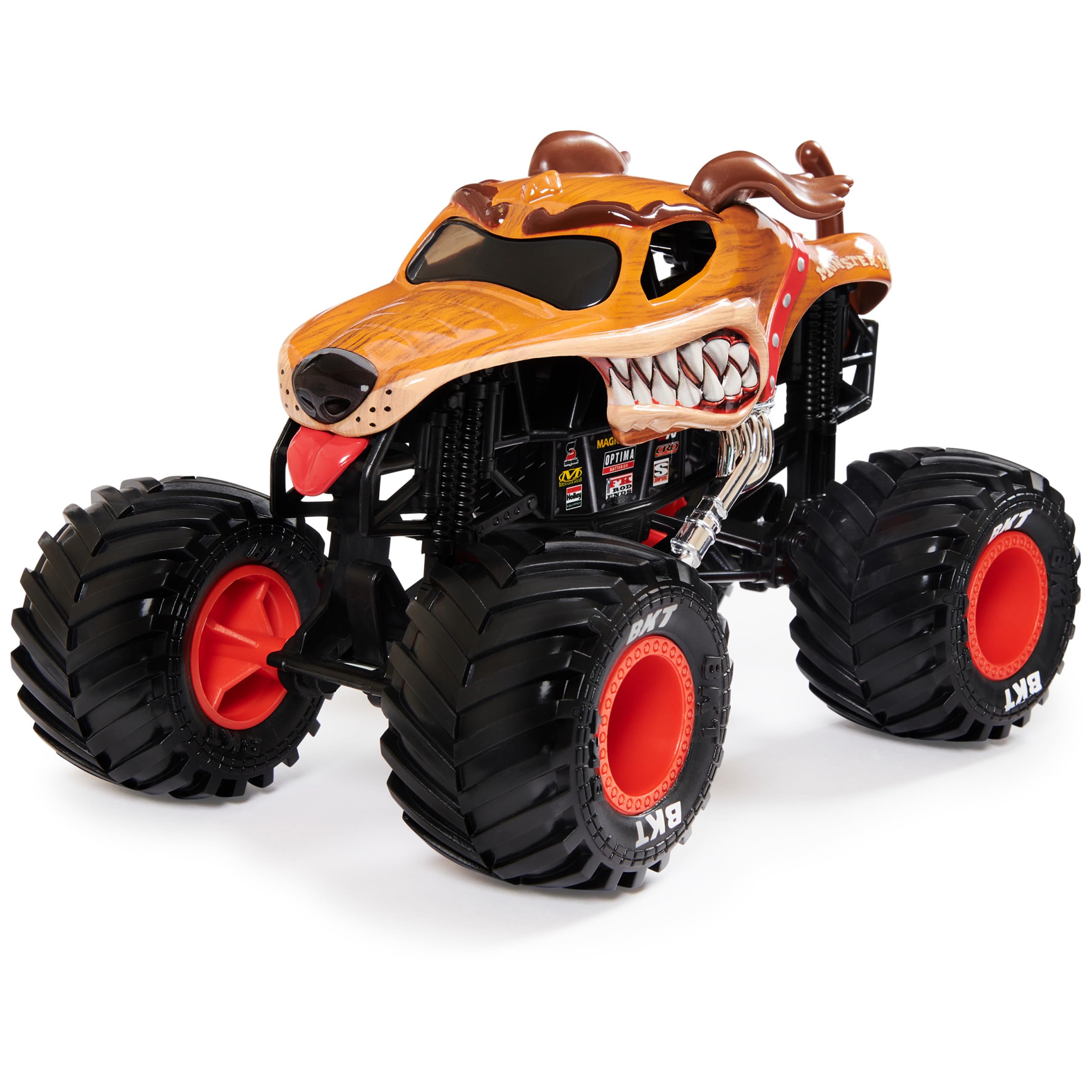 Monster Jam Official Monster Mutt 1:24 truck, rear view, sturdy chassis and working suspension for action.