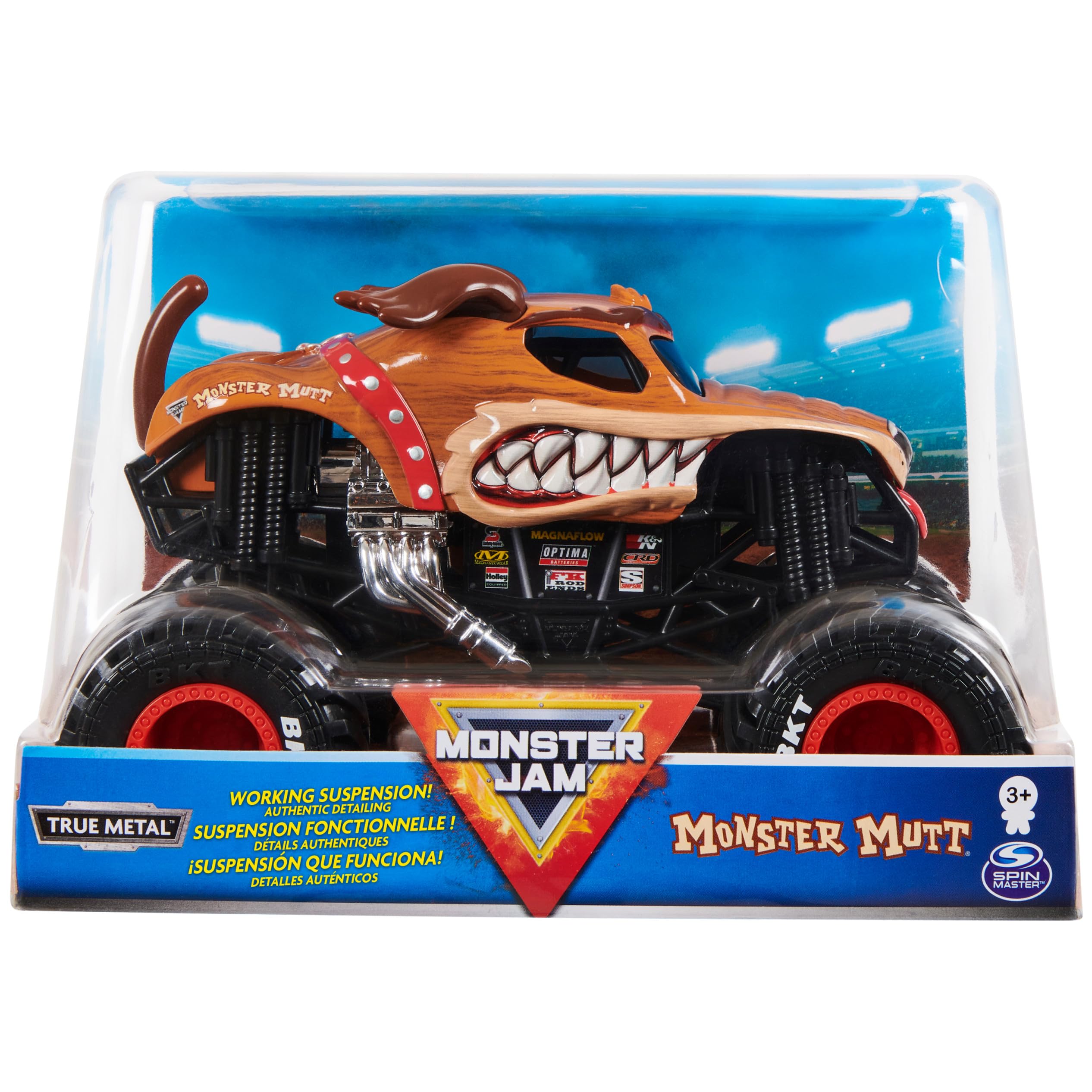 Monster Jam Official Monster Mutt 1:24 truck, side view, vivid details for authentic display and play.