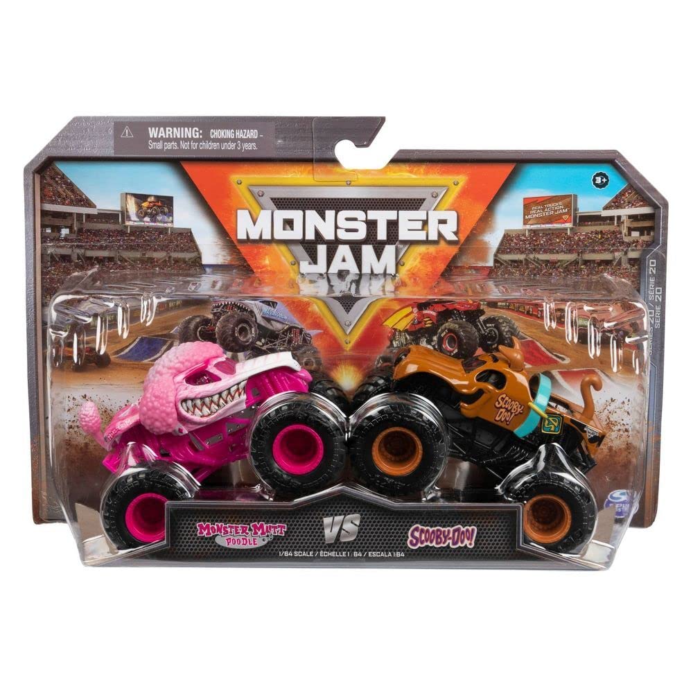 Monster Jam official Monster Mutt Poodle vs Scooby Doo 1:64 trucks in action-ready front view