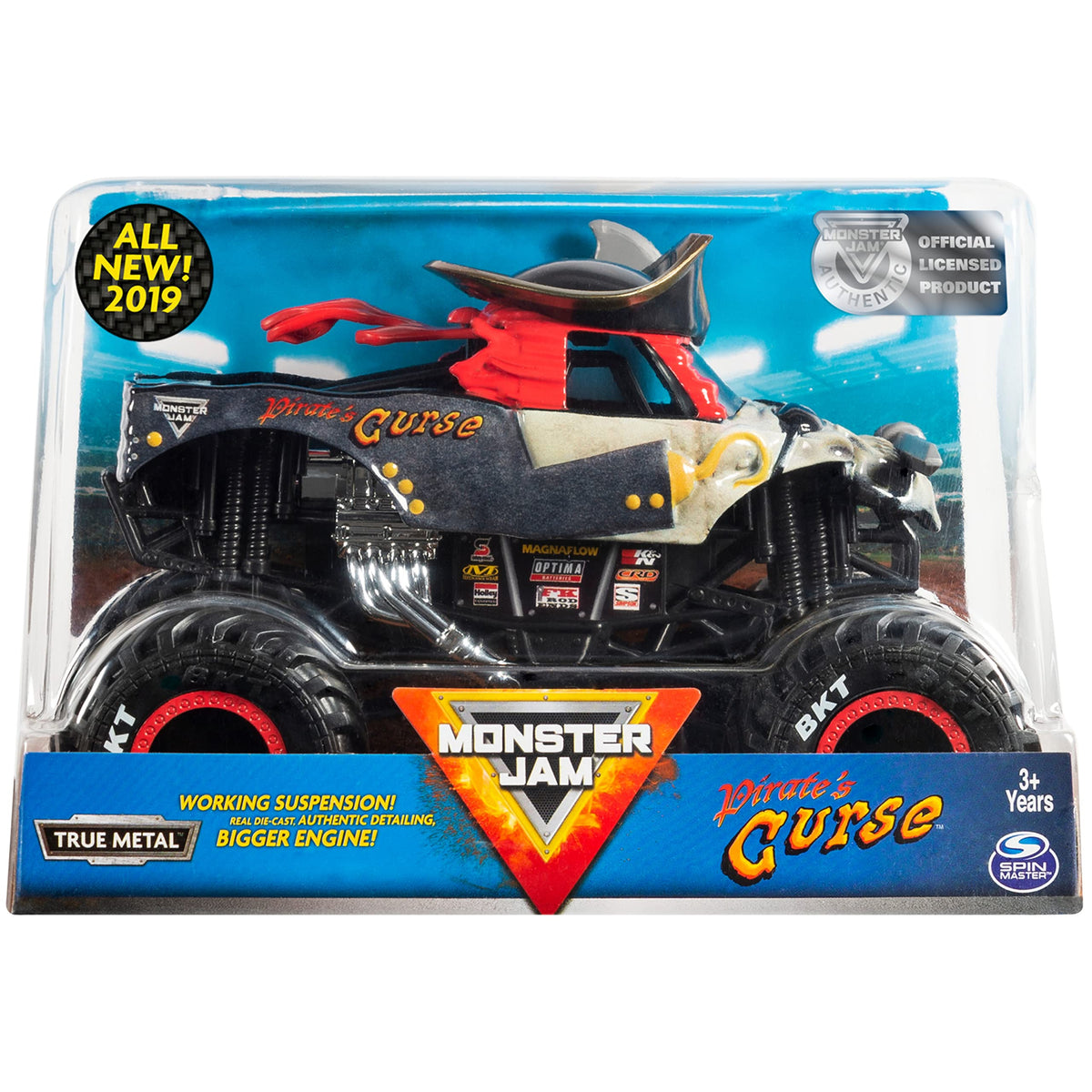Monster Jam Pirates Curse 1-24 scale truck with bold graphics for authentic playtime.