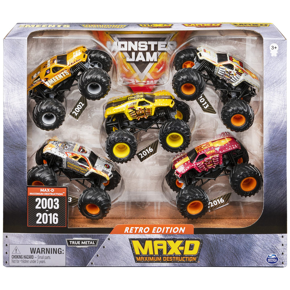 Monster Jam Retro Edition Max-D 1:64 cover with chrome detailing and vintage styling.