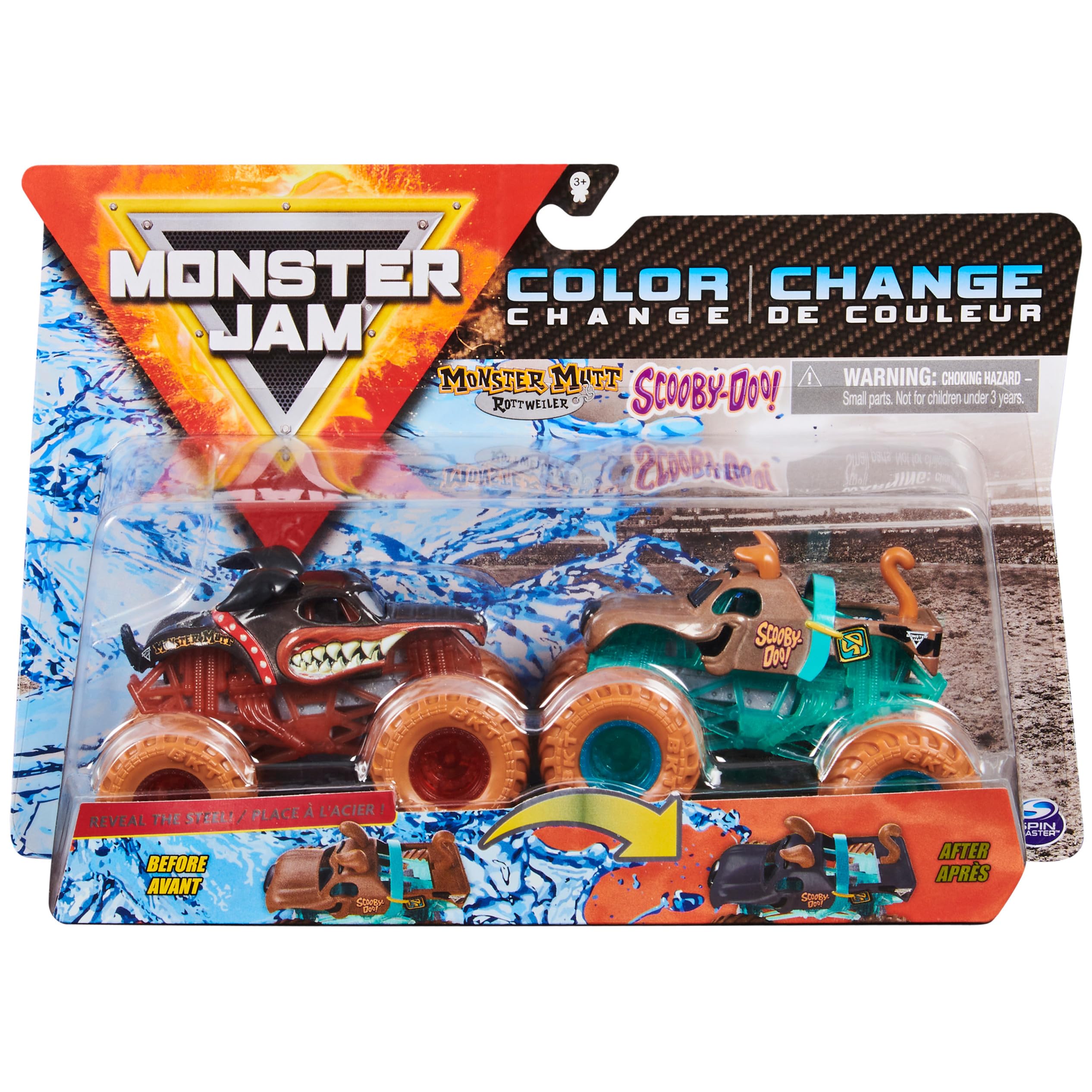 Monster Jam Rottweiler vs Scooby-Doo color-change die-cast trucks for display and play