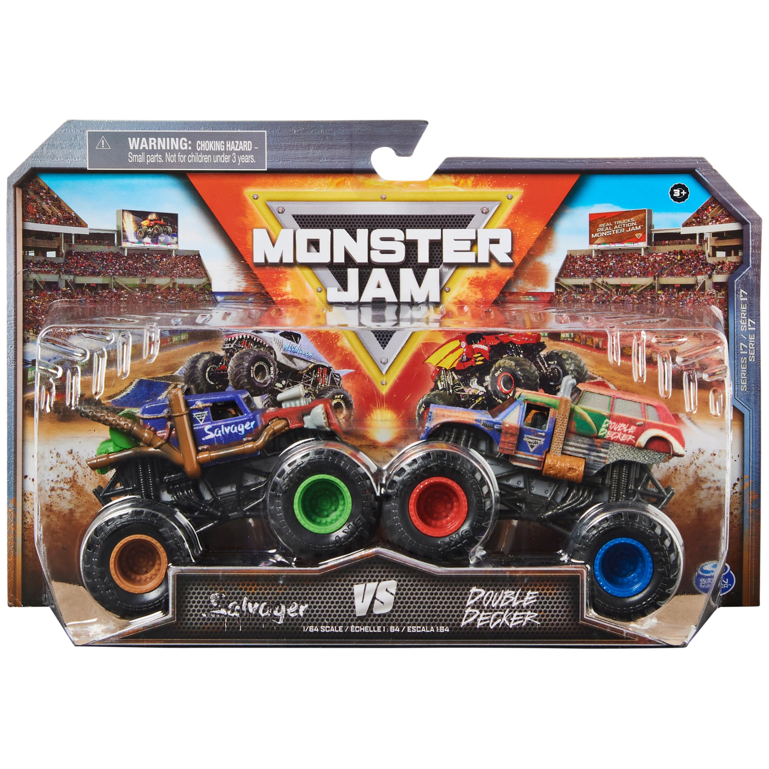 Monster Jam Salvager vs Double Decker 1:64 trucks for action-packed play.