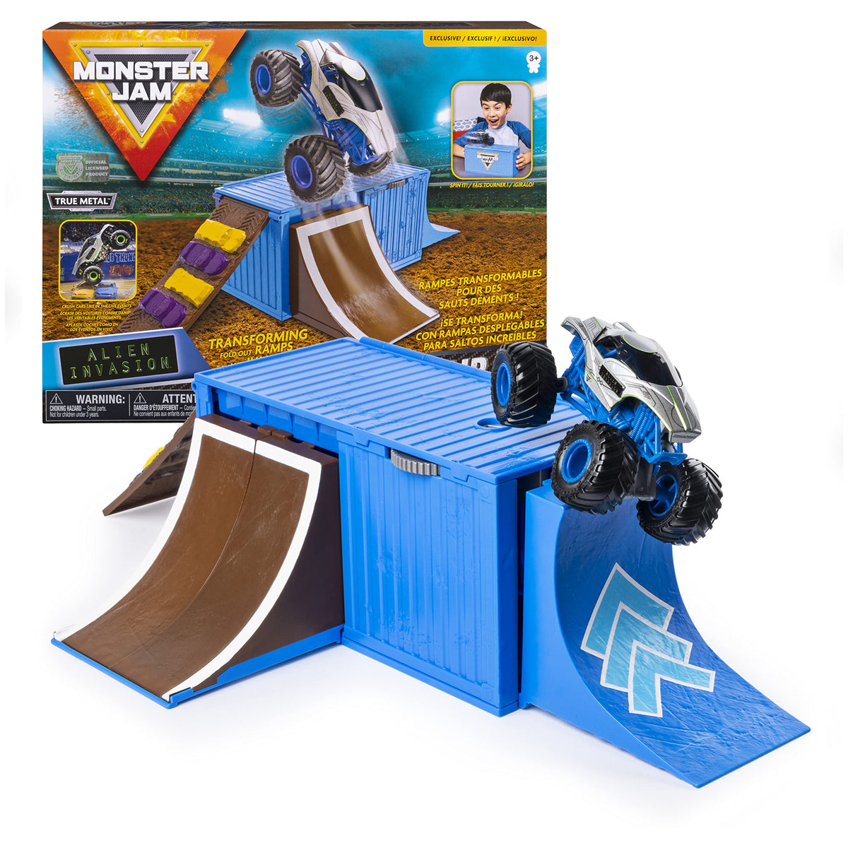 Monster Jam Ship It Flip It donut-spinner showcases high-energy donuts for kids.