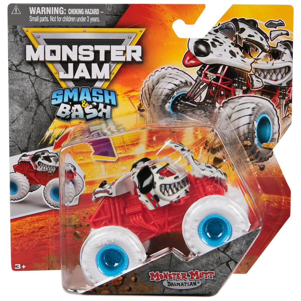 Monster Jam Smash & Bash Monster Mutt Dalmatian front view with crash-action detail.