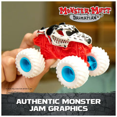 Monster Jam Smash & Bash Monster Mutt Dalmatian packaging and branding display.
