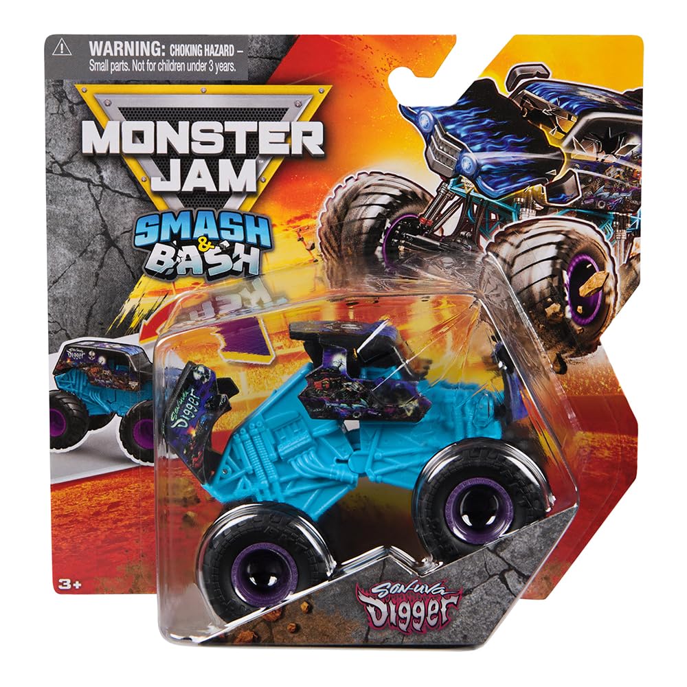Monster Jam Son-uva Digger die-cast truck with blue chassis and purple wheels for epic stunts.