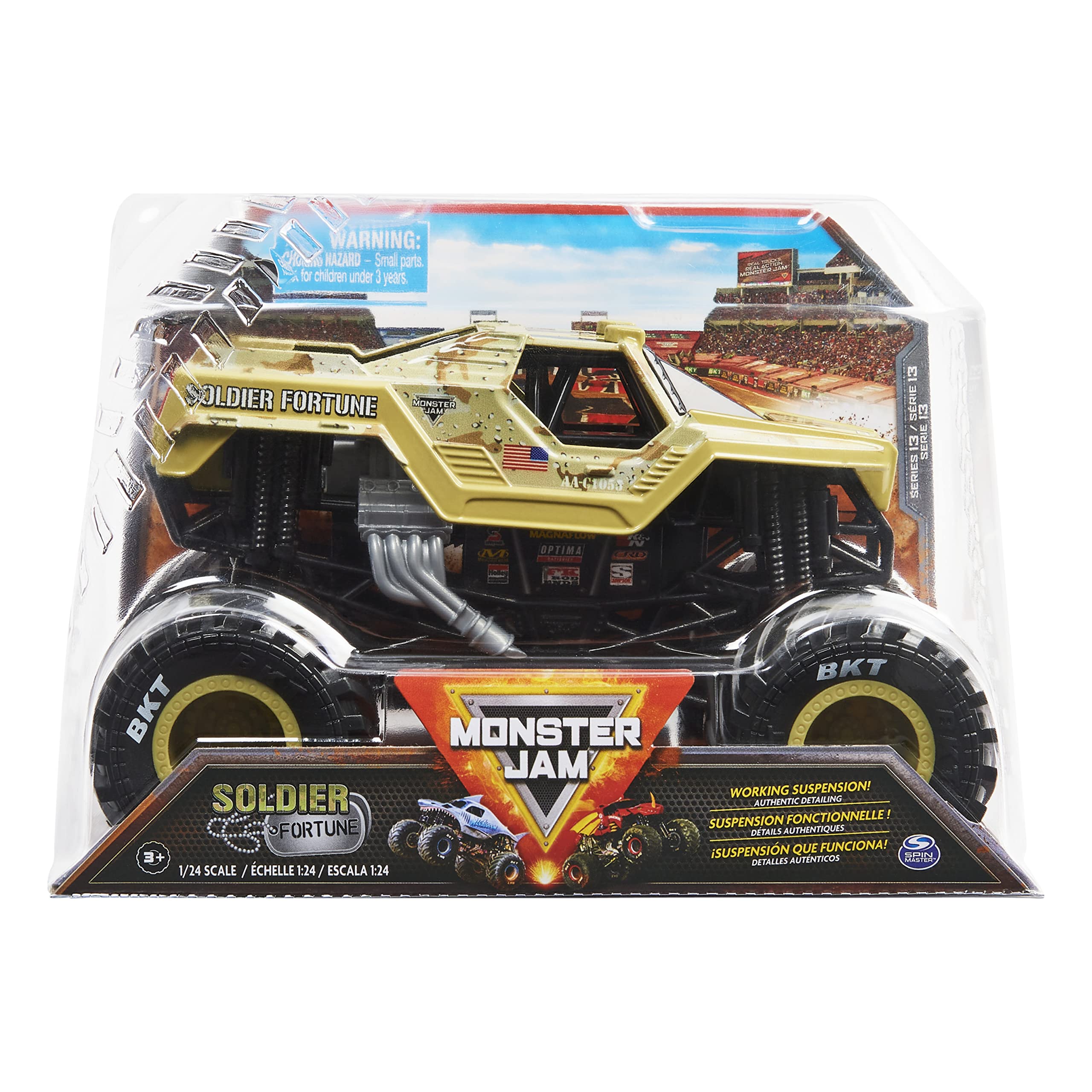 Monster Jam Soldier Fortune 1:24 scale truck side view with authentic graphics for action-packed play.