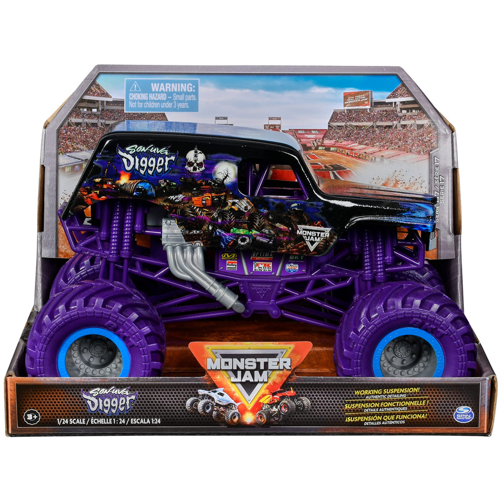 Monster Jam Son-uva Digger 1:24 front view highlights authentic graphics for dynamic play