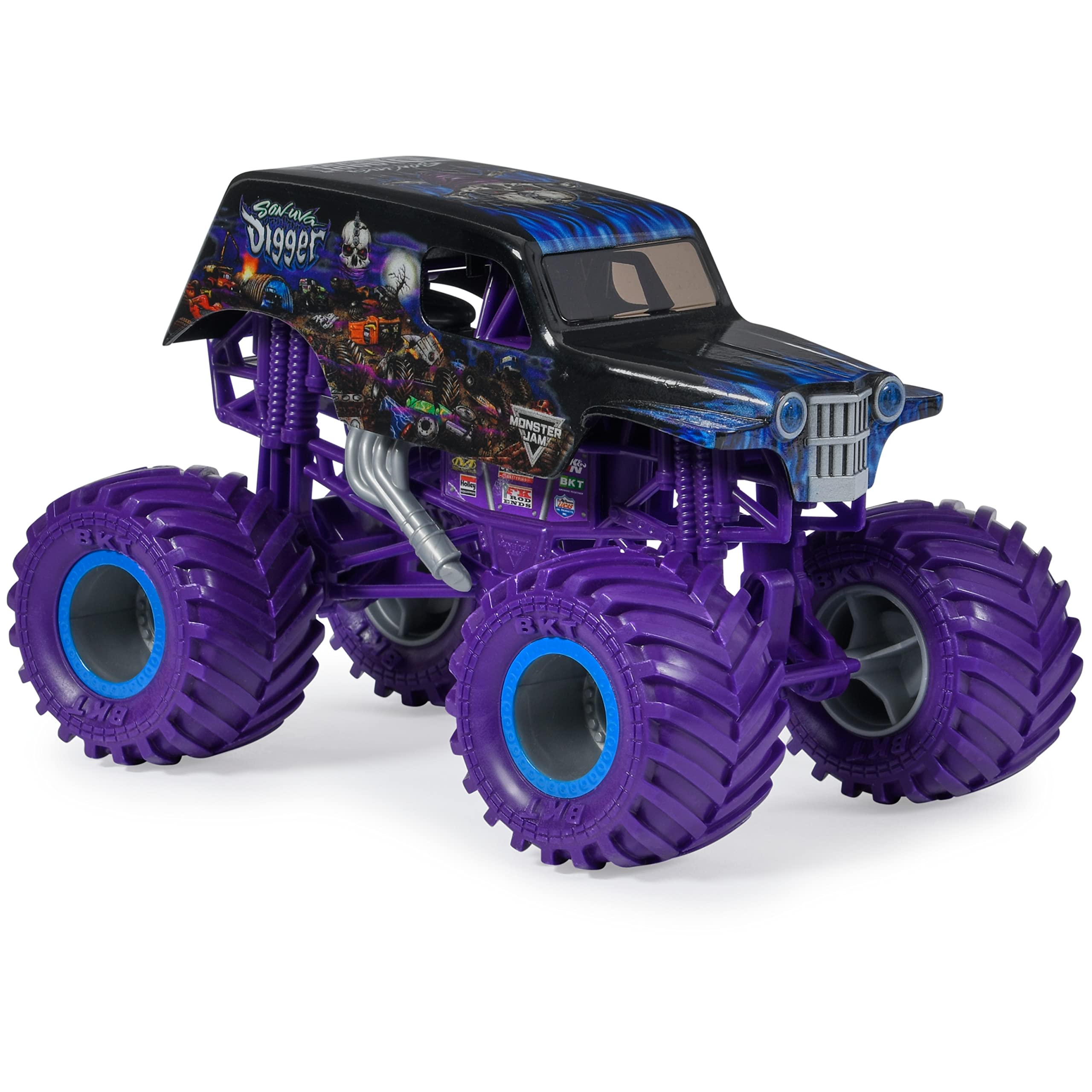 Monster Jam Son-uva Digger 1:24 side view shows detailed chassis for realistic pretend racing