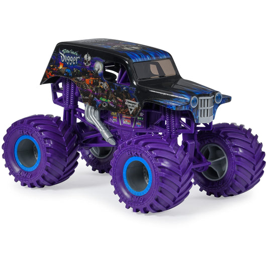 Monster Jam Son-uva Digger 1:24 side view shows detailed chassis for realistic pretend racing