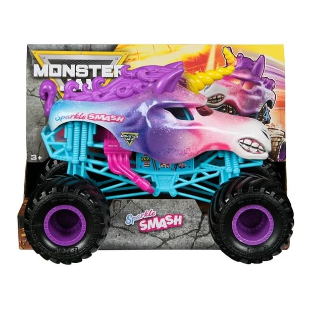 Monster Jam Sparkle Smash 1:24 front view shows authentic detailing for display and play