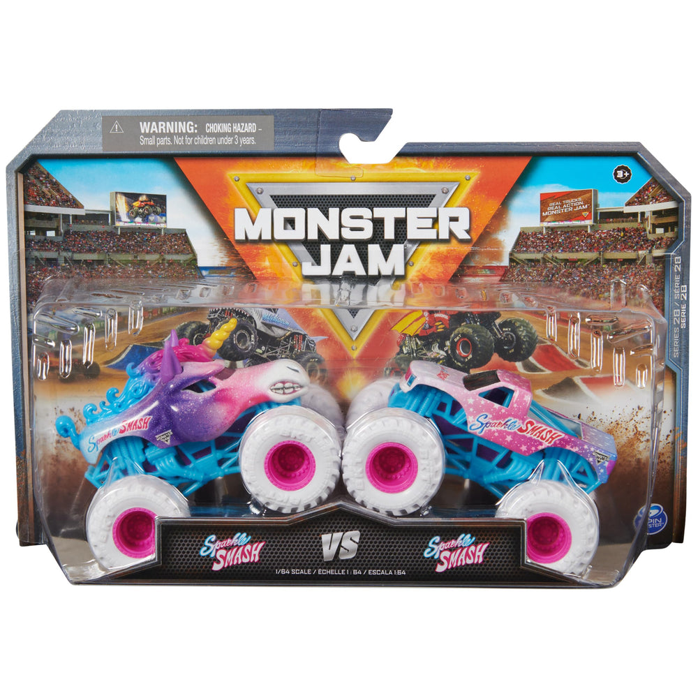 Monster Jam Sparkle Smash Grave Digger vs Avenger, action-ready playset