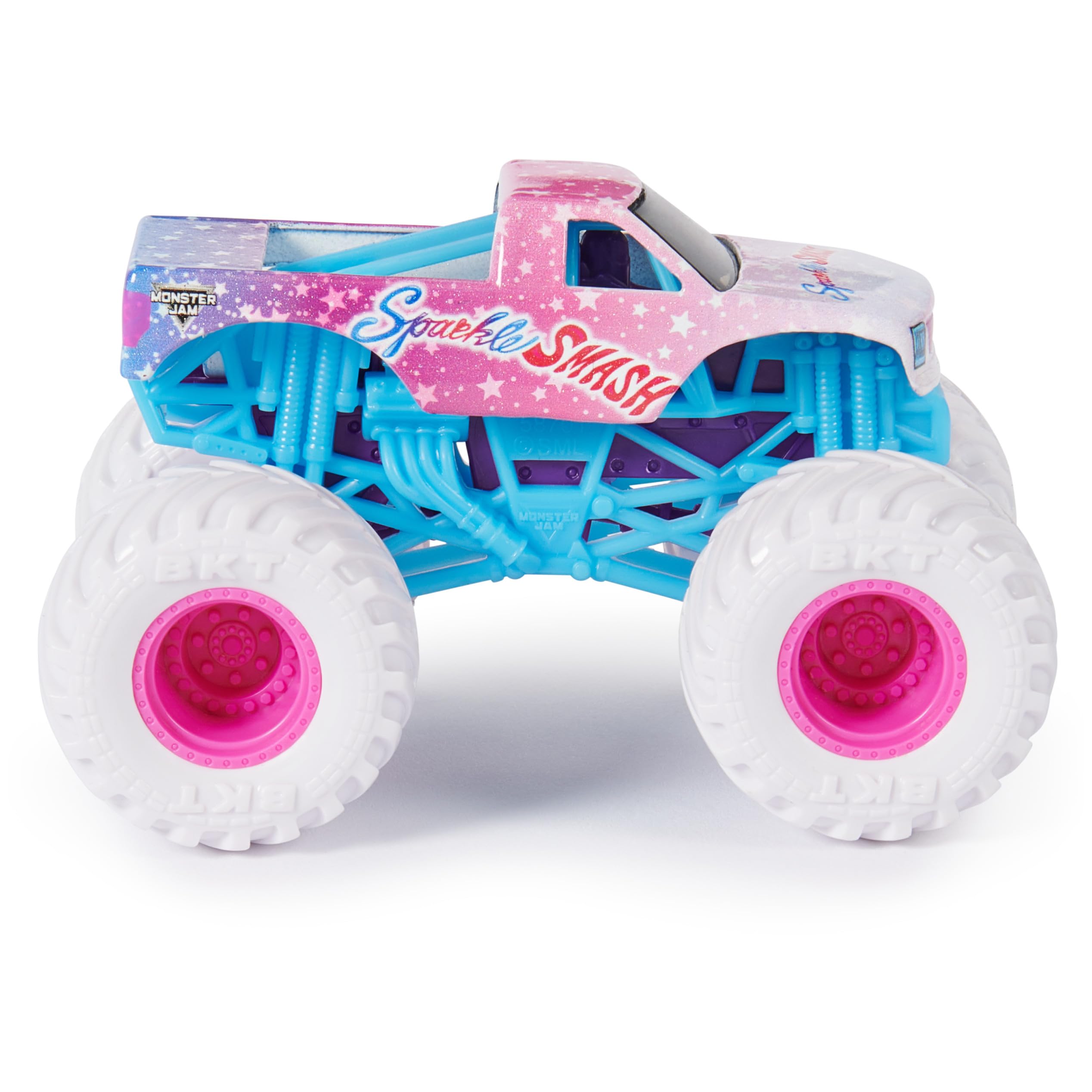 Monster Jam Sparkle Smash Max-D profile view, durable die-cast for rough play