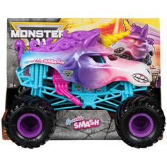 Monster Jam Sparkle Smash truck front view with bold graphics and traction-ready tires.