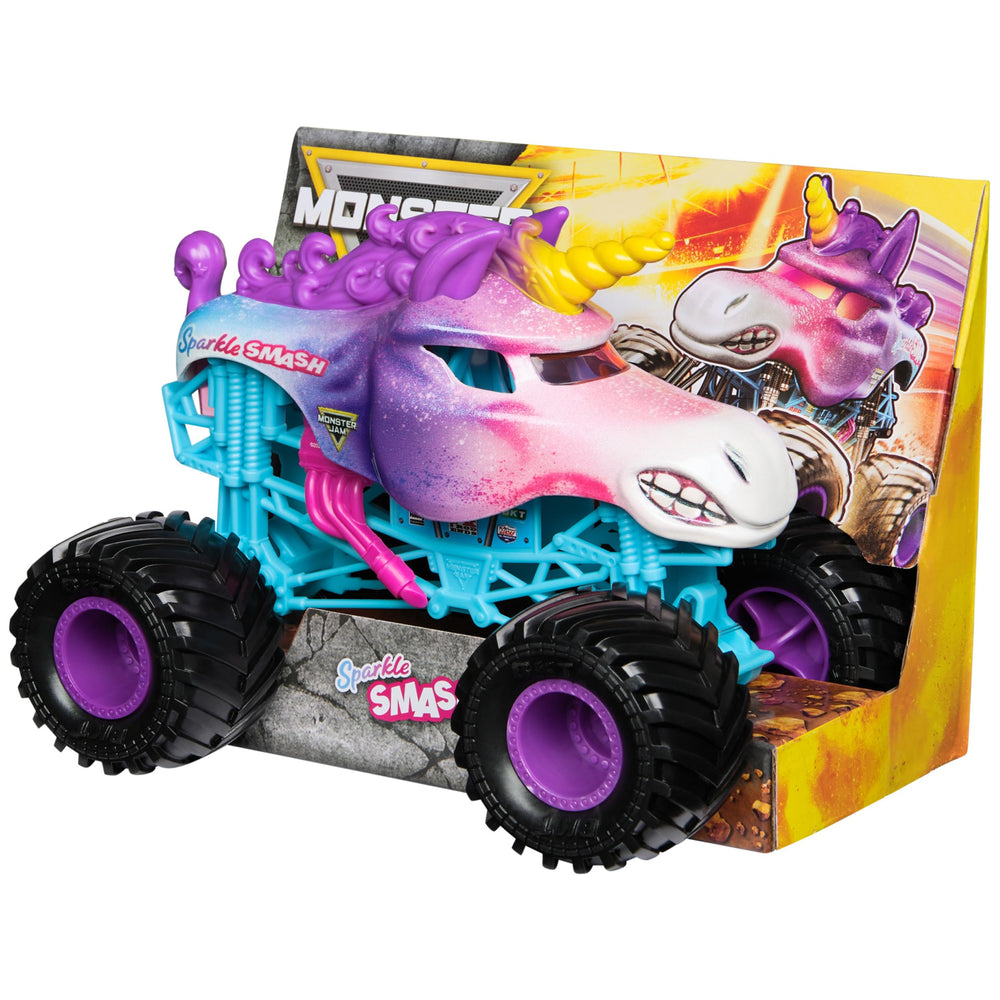 Monster Jam Sparkle Smash truck wheel-tire detail highlights authentic BKT tires and grip.