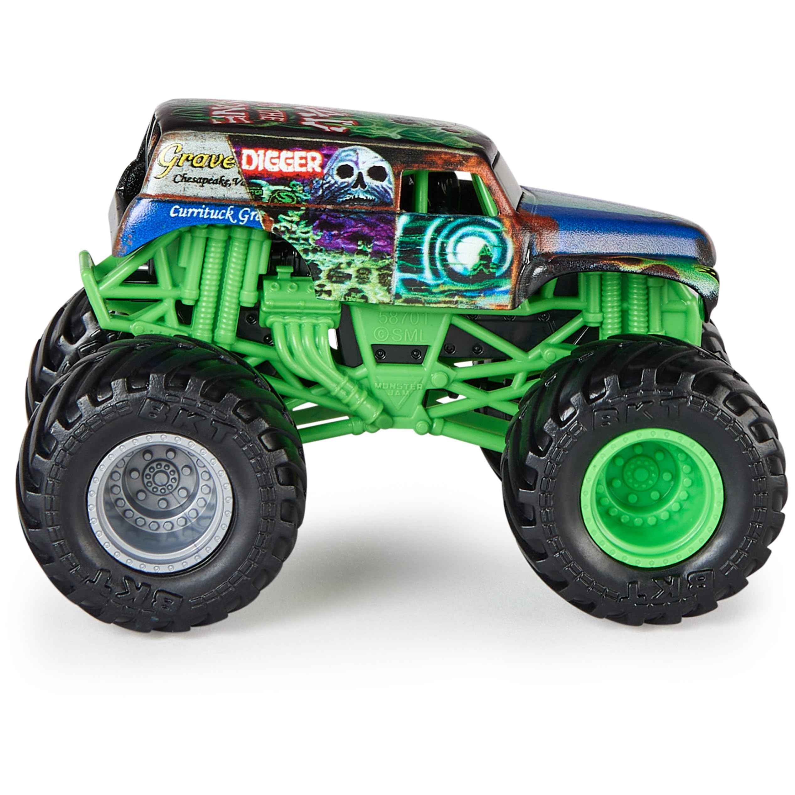 Monster Jam stylized rims and authentic chassis boost realism during pretend races.