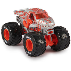 Close-up of Monster Jam stylized rims highlights vibrant graphics and authentic styling.