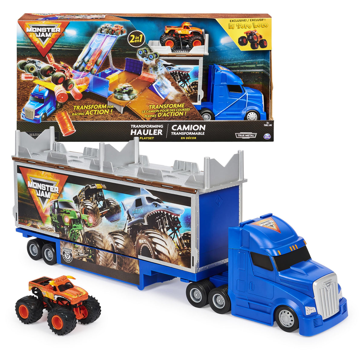 Monster Jam Transforming Hauler Playset with ramps for side-by-side racing.