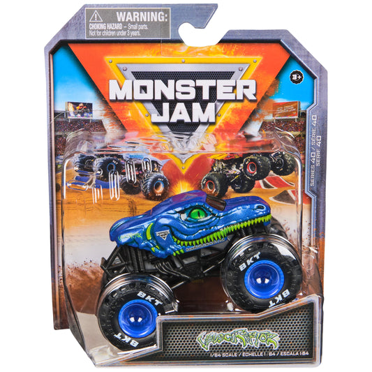 Monster Jam Velociraptor truck front view showing bold graphics for display use
