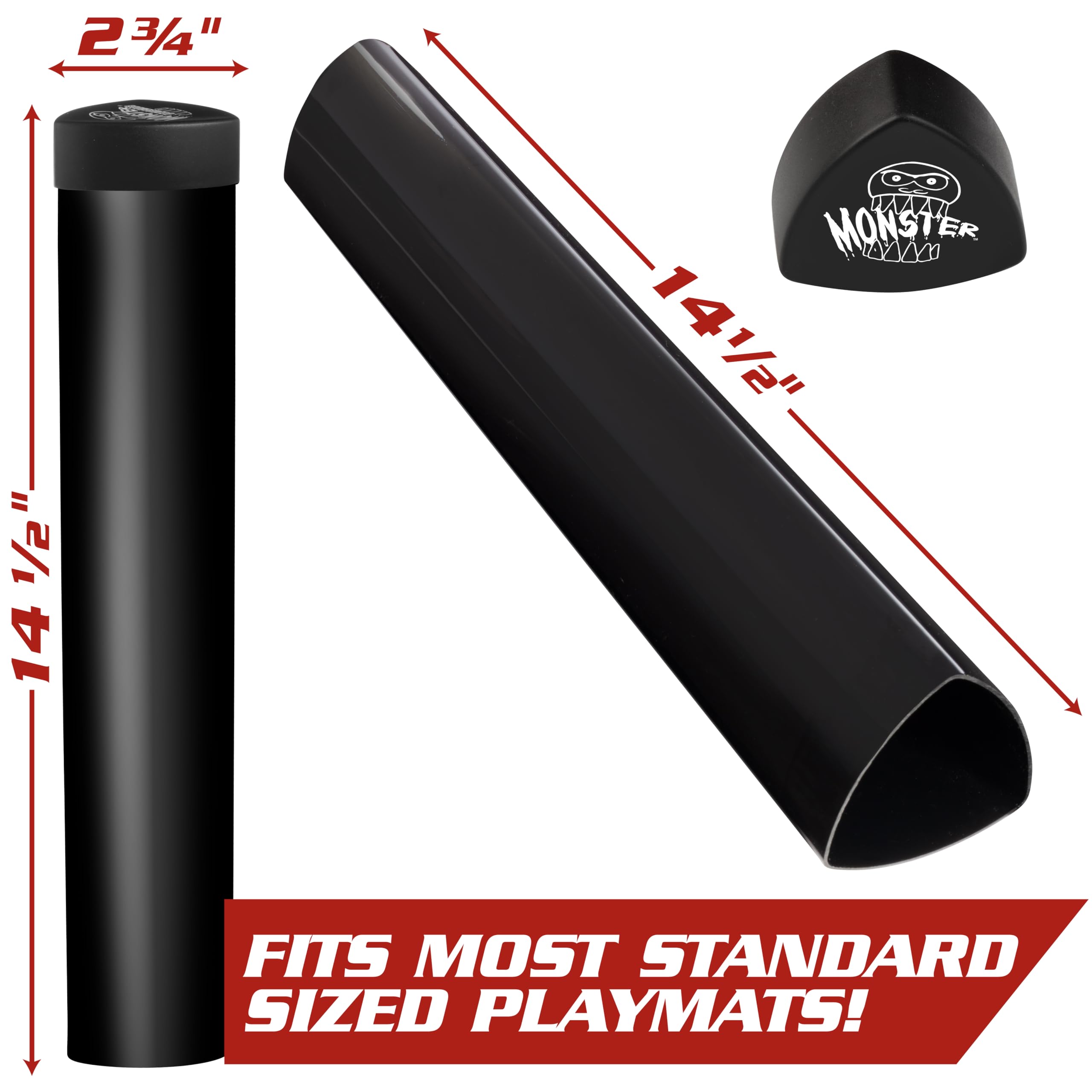 Monster Protectors prism playmat tube logo cap reinforces brand while protecting mats.