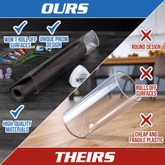Monster Protectors prism playmat tube on table demonstrates non-rolling stability during gameplay.