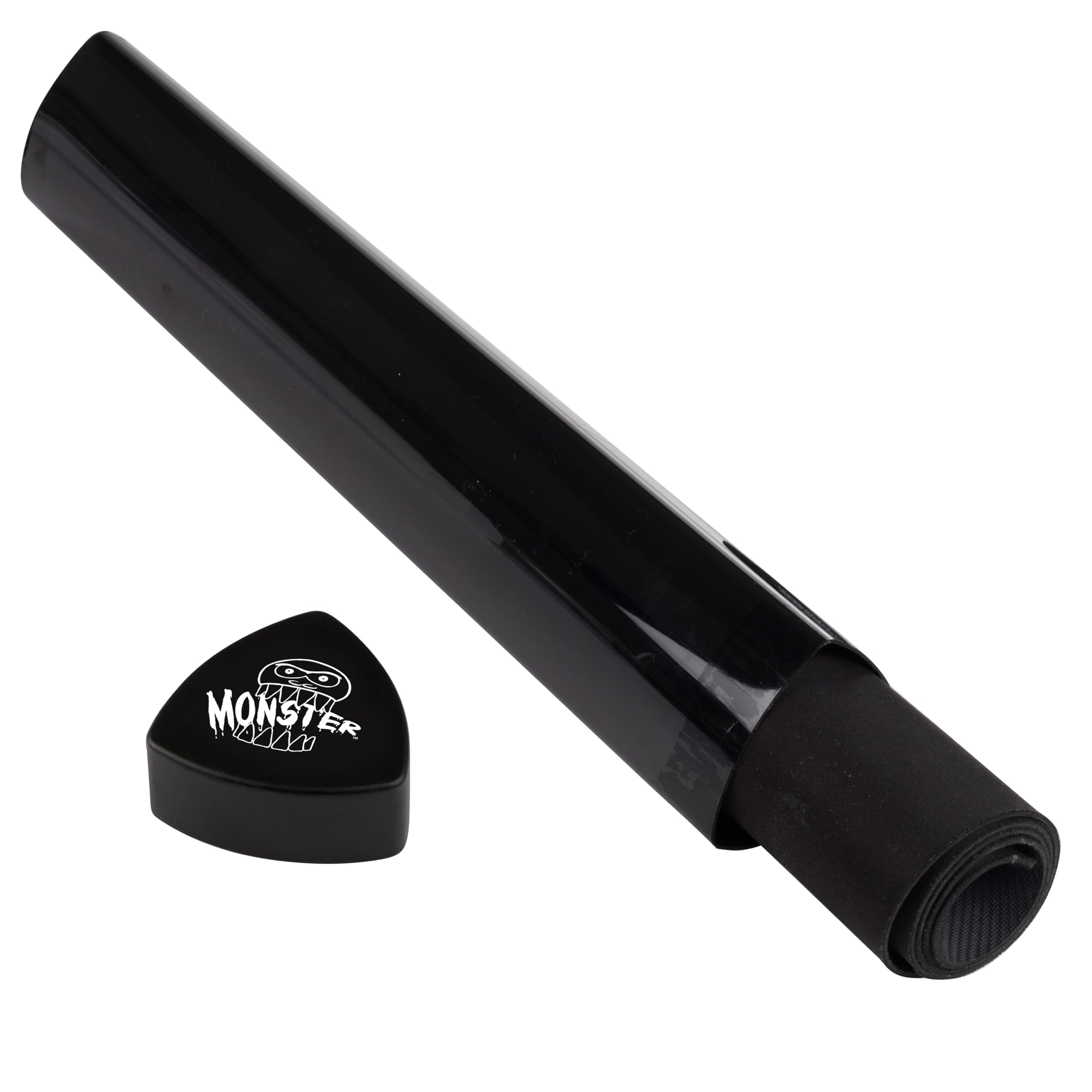 Monster Protectors prism playmat tube front view highlights its sleek opaque black design and portability.
