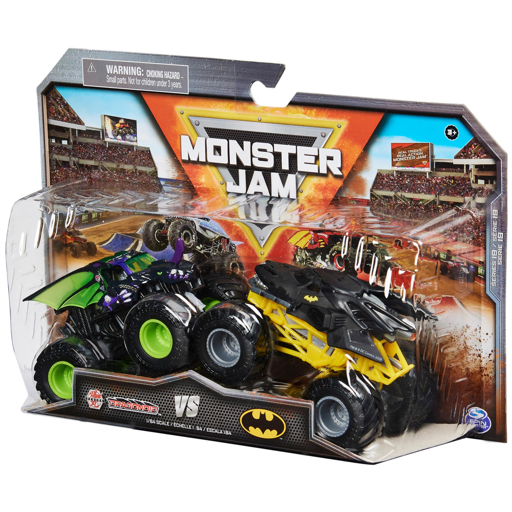 Monster Jam 1:64 scale die-cast trucks with official BKT tires for realism.