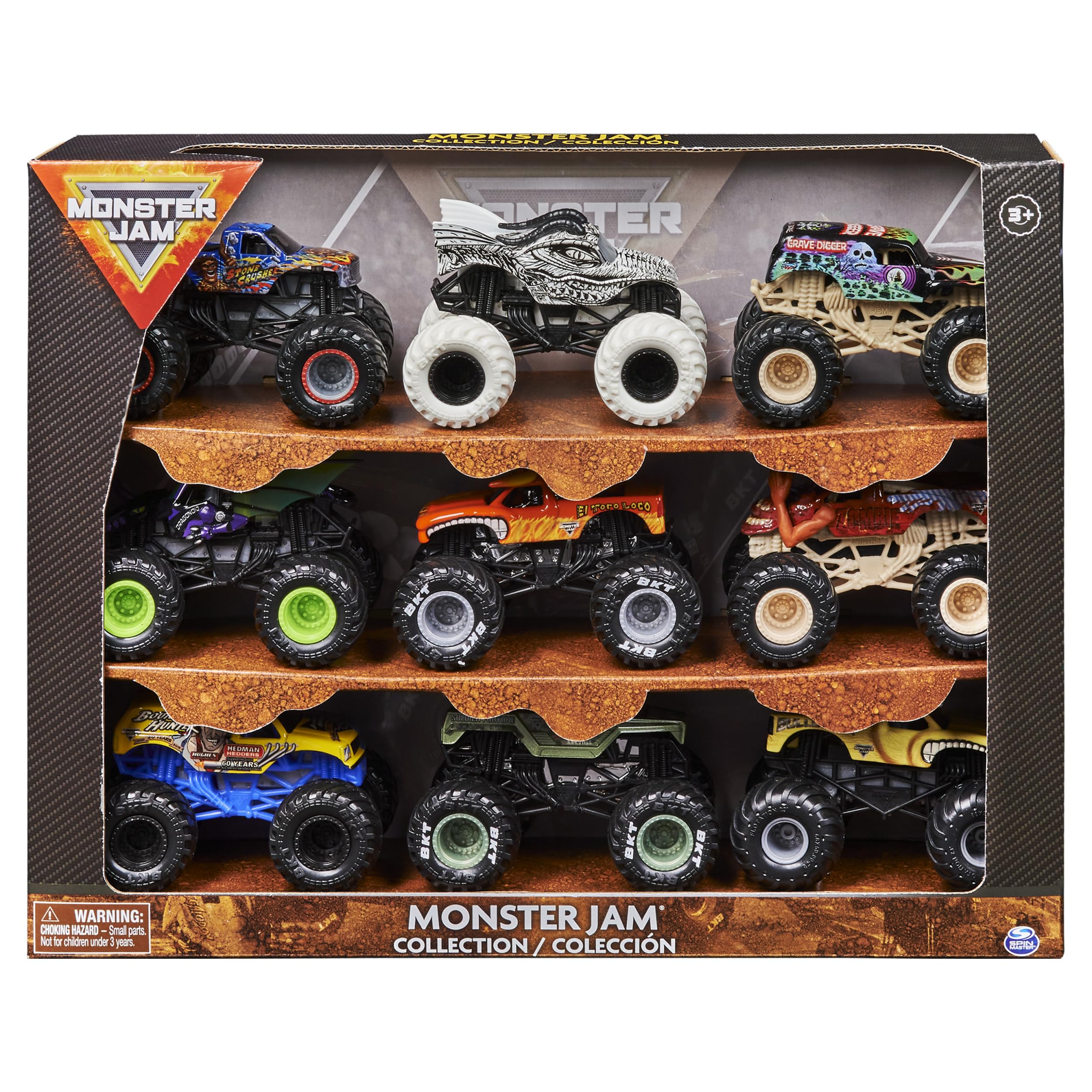 Monster Jam 9-pack trucks front view highlights authentic detail for play and display.
