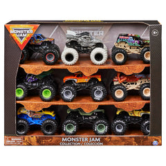 Monster Jam 9-pack trucks front view highlights authentic detail for play and display.