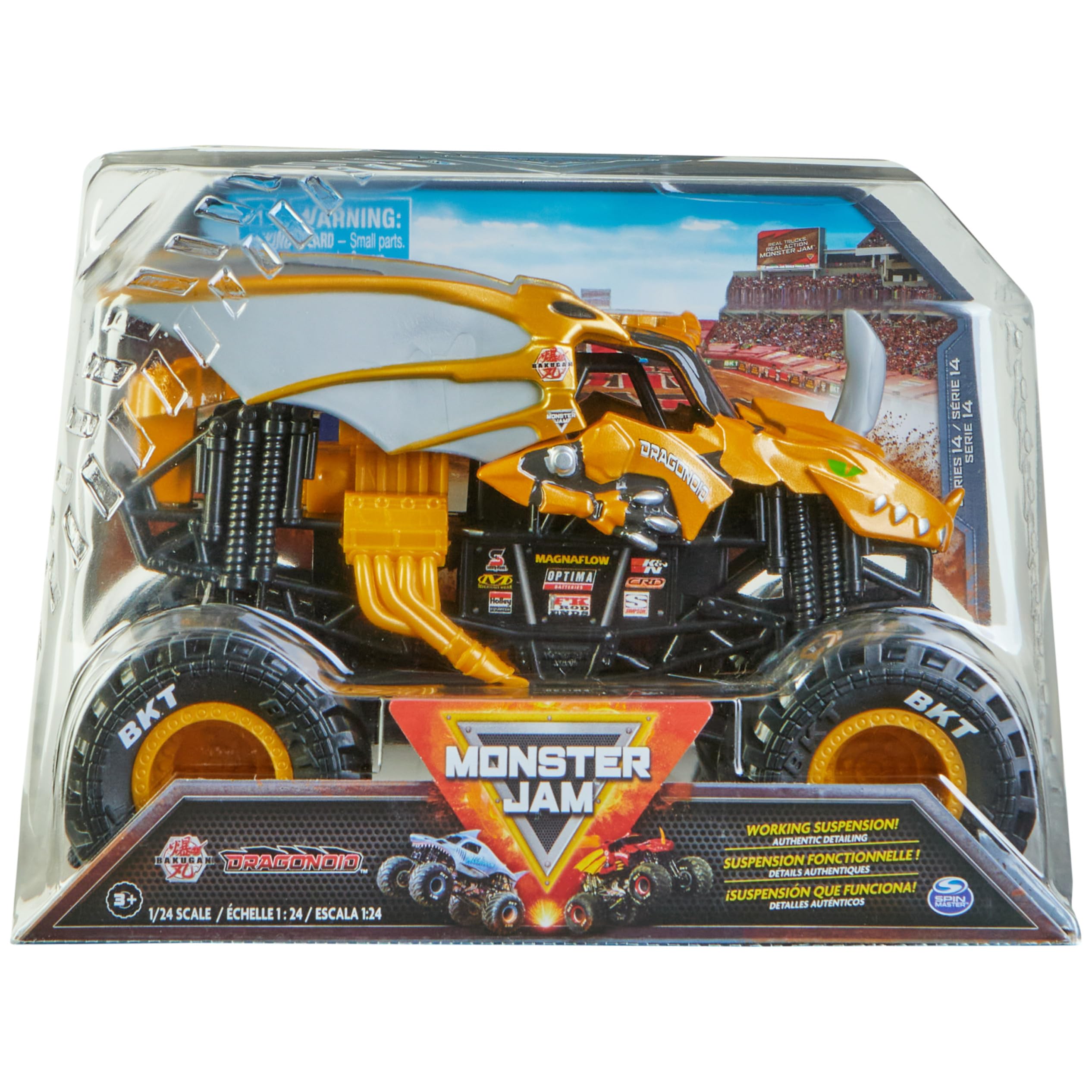 Monster Jam Bakugan Dragonoid truck front view with vivid graphics.