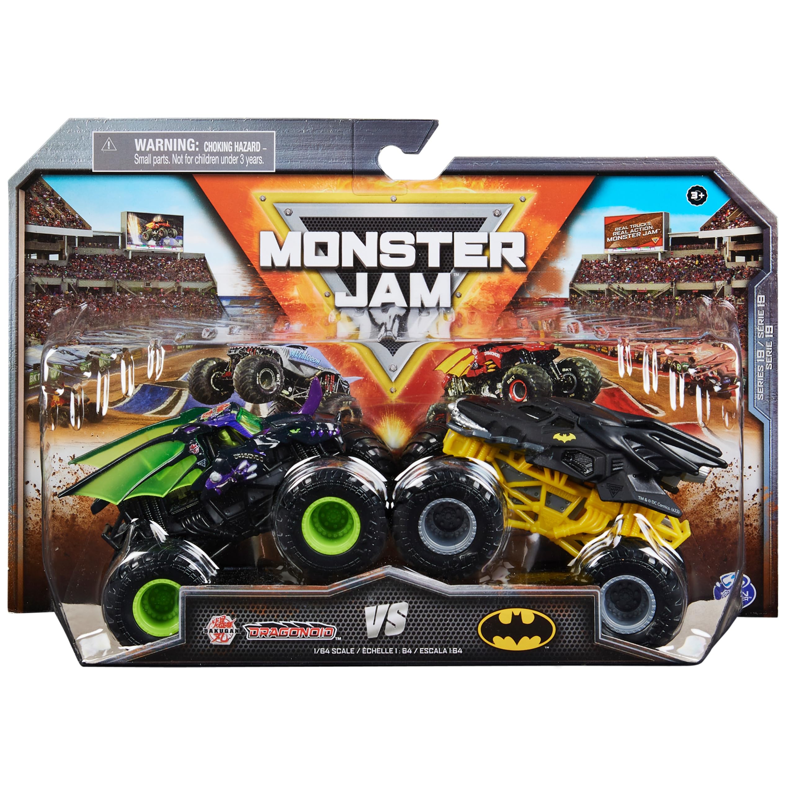 Monster Jam Bakugan Dragonoid vs Batman 1:64 scale trucks ready for action play.