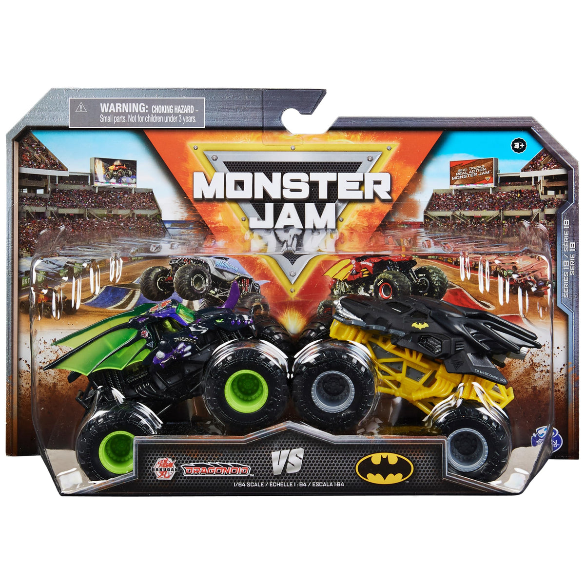 Monster Jam Bakugan Dragonoid vs Batman 1:64 scale trucks ready for action play.