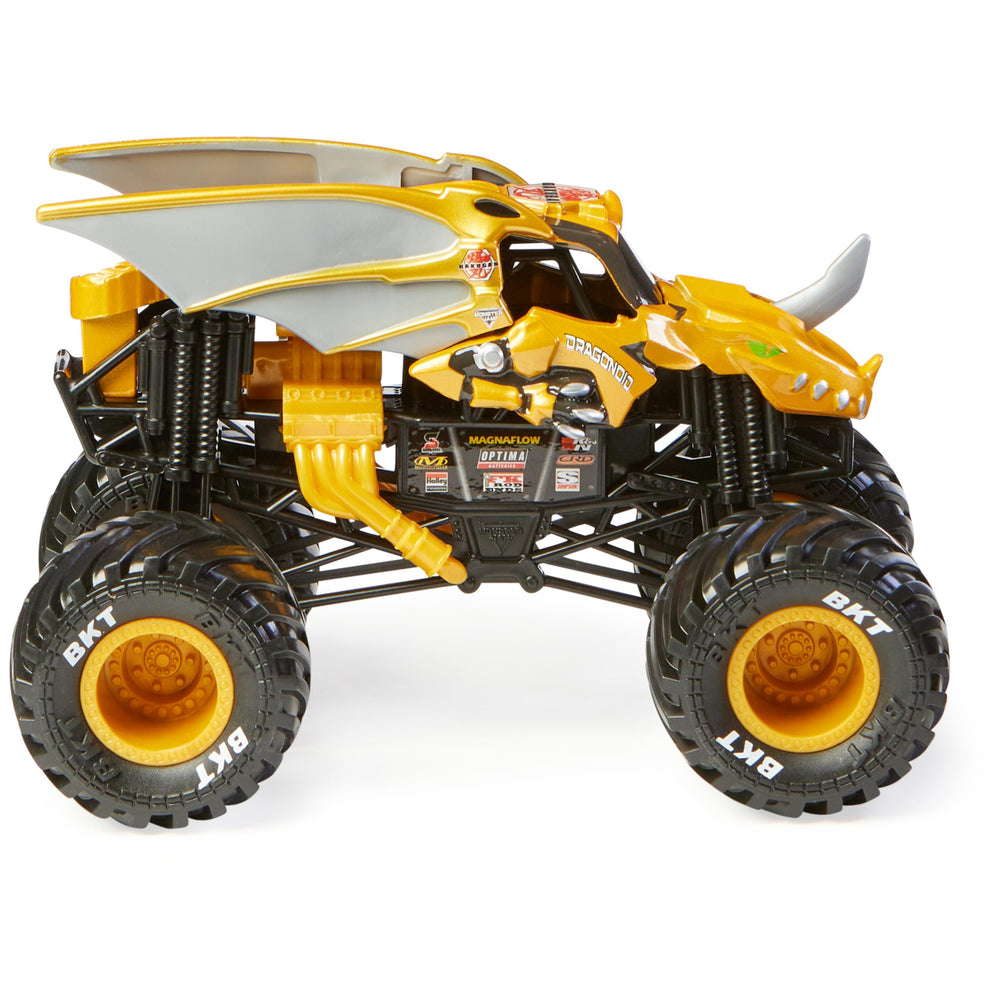 Monster Jam Bakugan Dragonoid tires closeup highlighting rubber BKT grip.