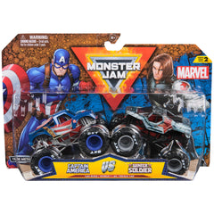 Monster Jam Captain America vs Winter Soldier die cast trucks in action
