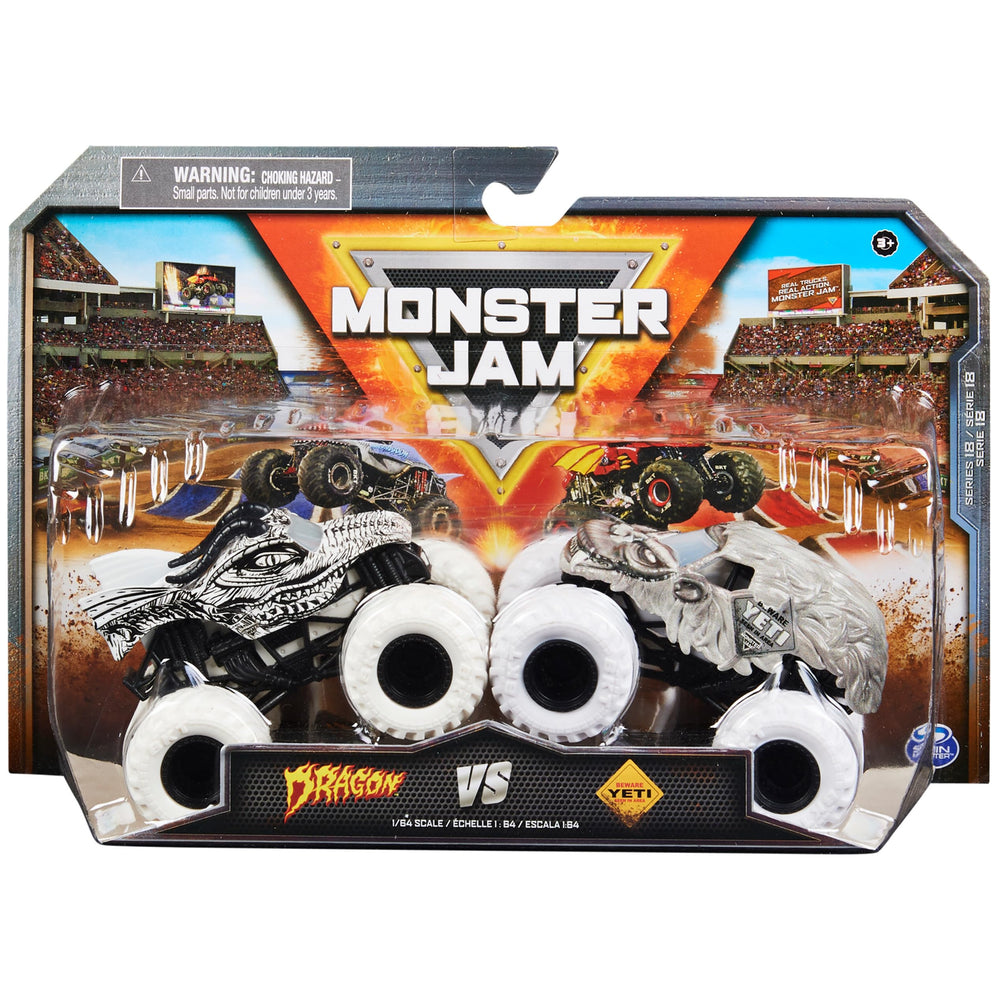 Dragon vs Yeti 1:64 Monster Jam die-cast trucks ready for showdowns.