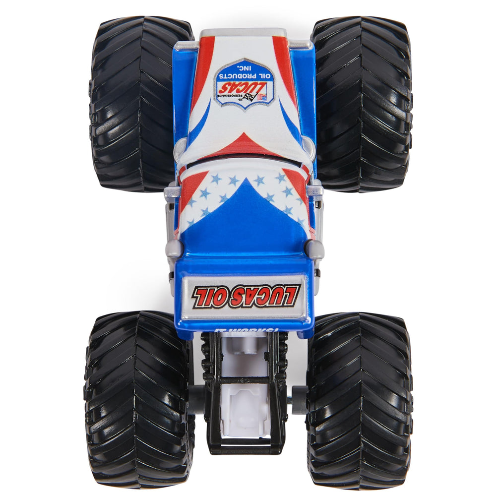 Monster Jam Lucas Stabilizer vs Jester on display stand for action scenes