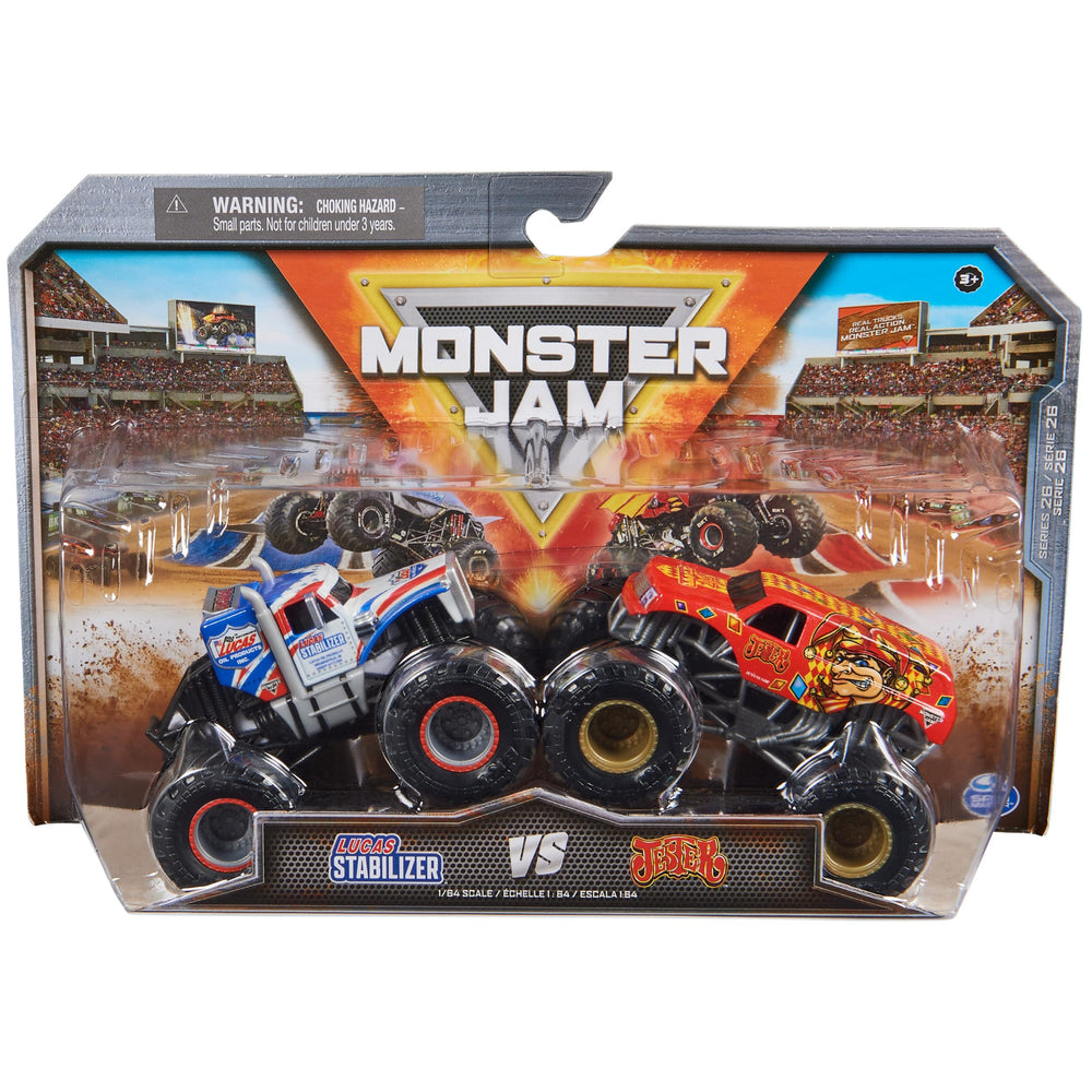Monster Jam Lucas Stabilizer vs Jester front view highlights authentic 1:64 scale styling