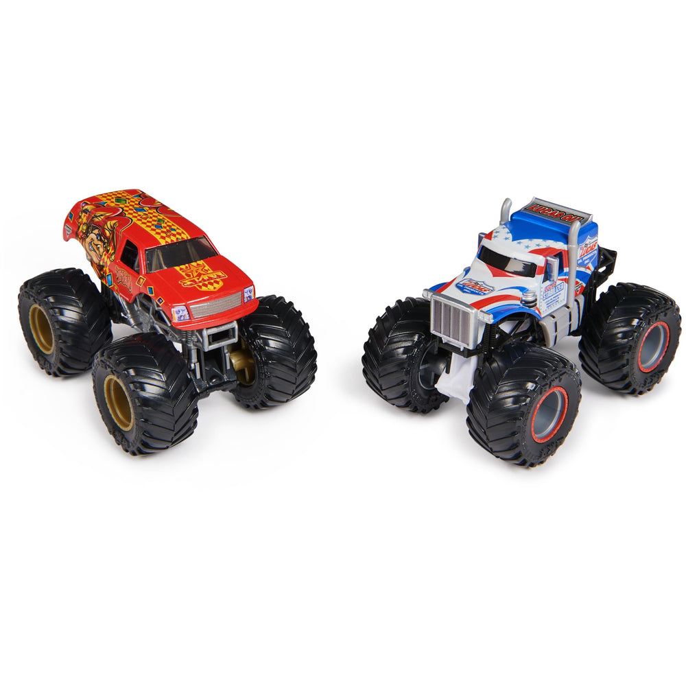 Monster Jam Lucas Stabilizer vs Jester side view shows graphics and proportions