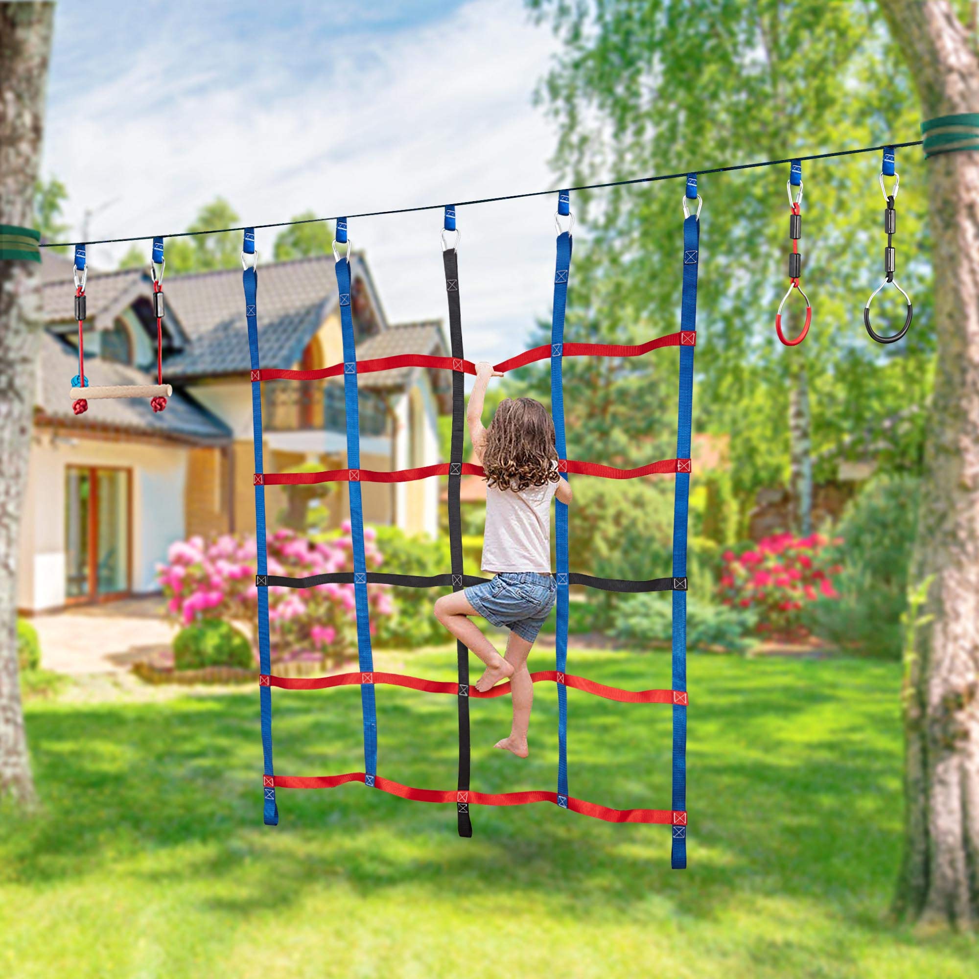 Mont Pleasant kids climbing action promotes coordination on a sturdy, weather-ready net.