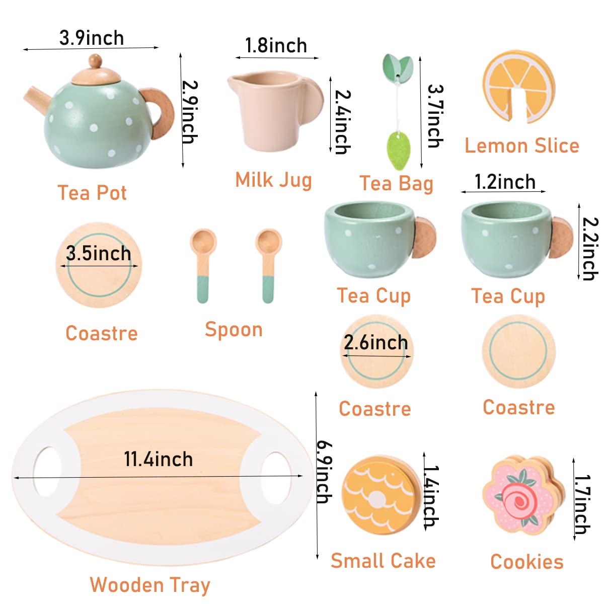 Mont Pleasant wooden tea bag and small cake, flavorful-inspired pretend treats.