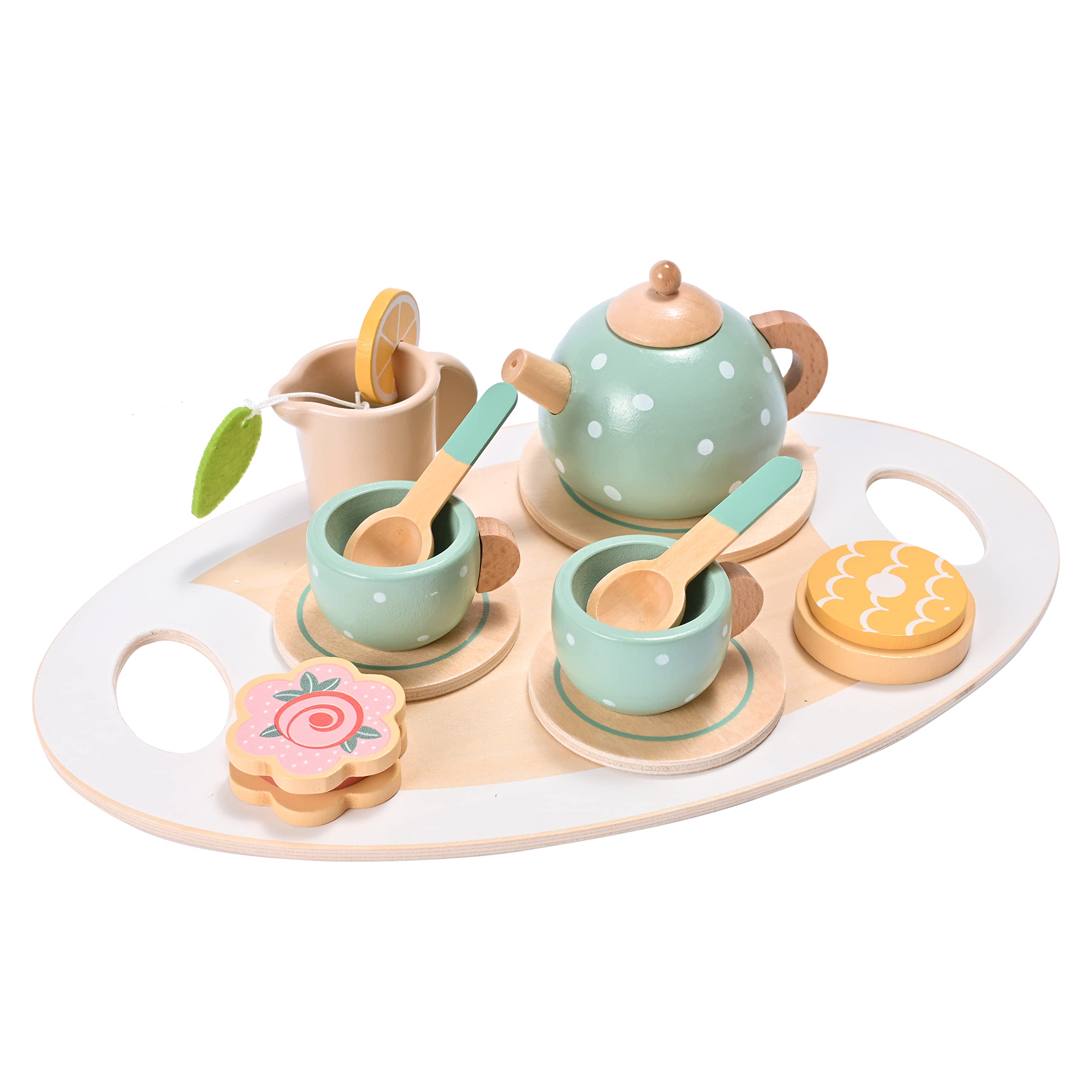 Mont Pleasant wooden tea set tray, ideal for imaginative pretend play at home.