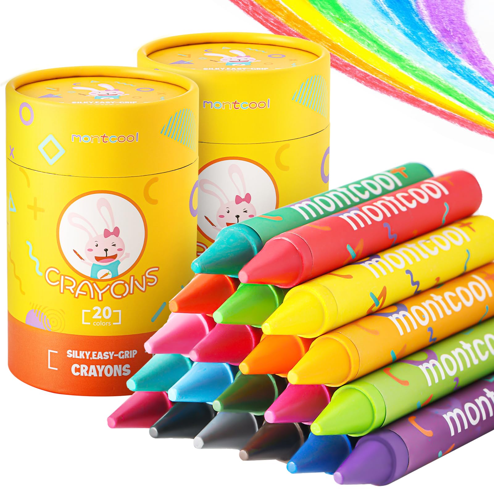 Montcool jumbo crayons 40-piece box front, inviting kids to colorful play.
