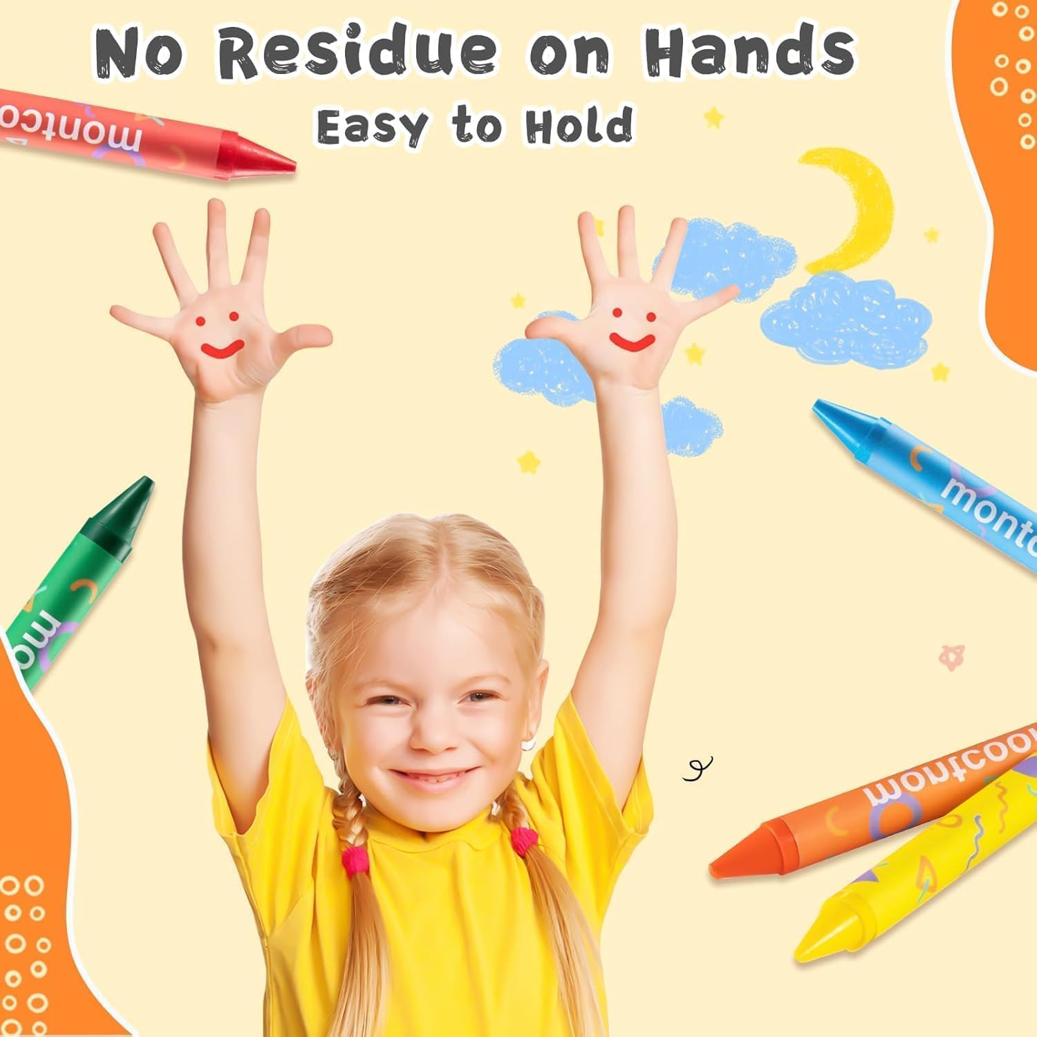 Montcool toddler holding crayon demonstrates comfortable grip for small hands.