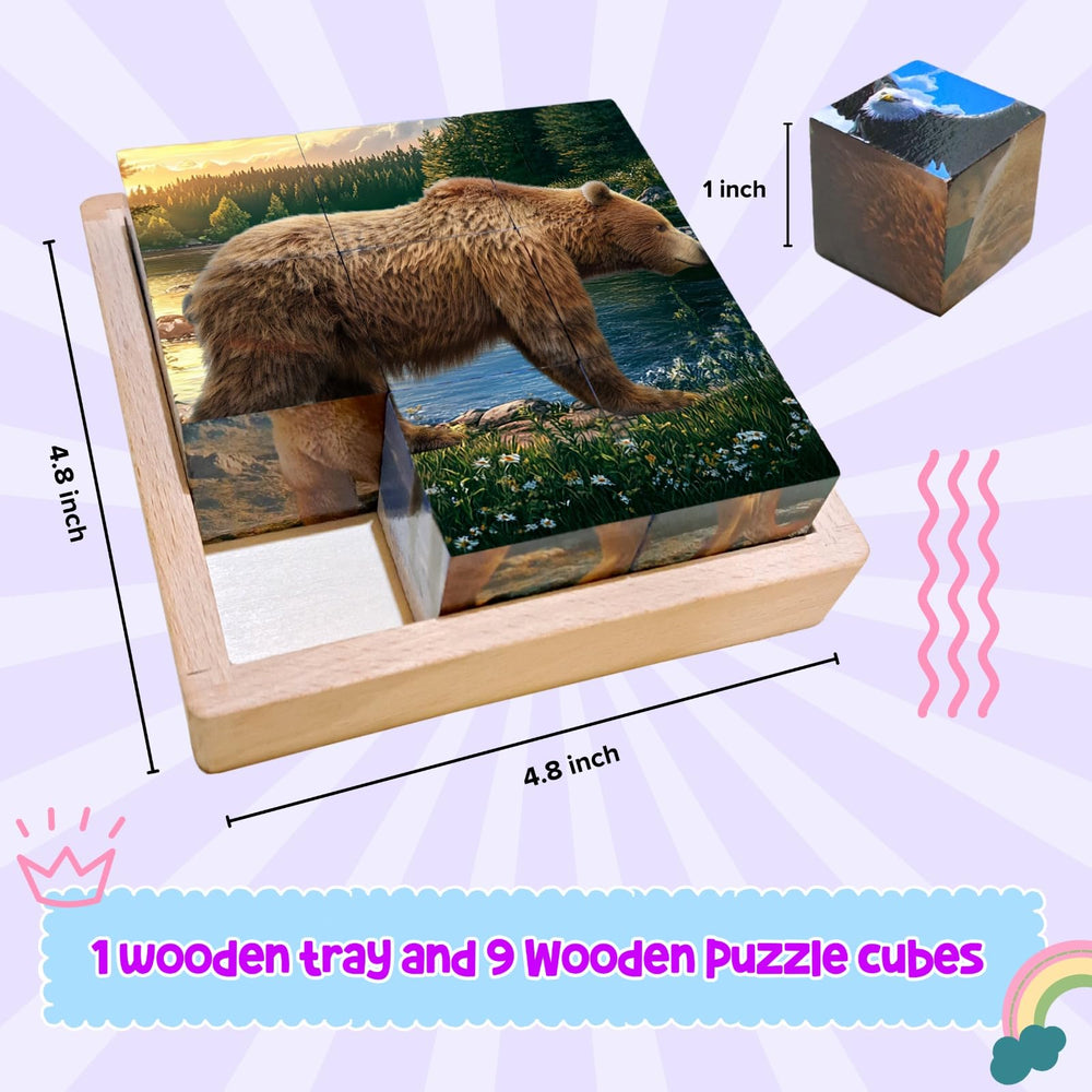 Montessori Castle Wooden Cube Puzzle animal illustrations promote fine motor skills through play.